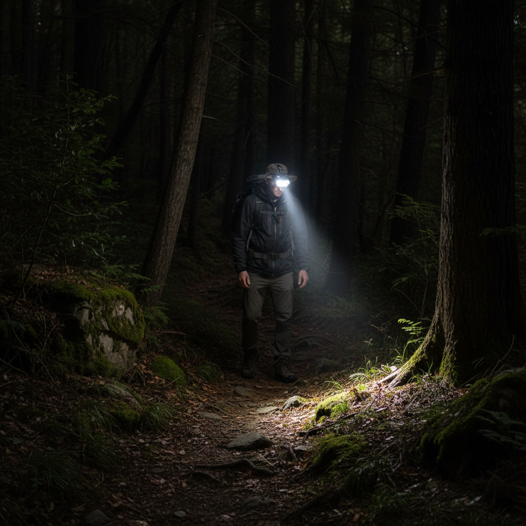 9 LED Rechargeable Headlamp worn on forest night hike