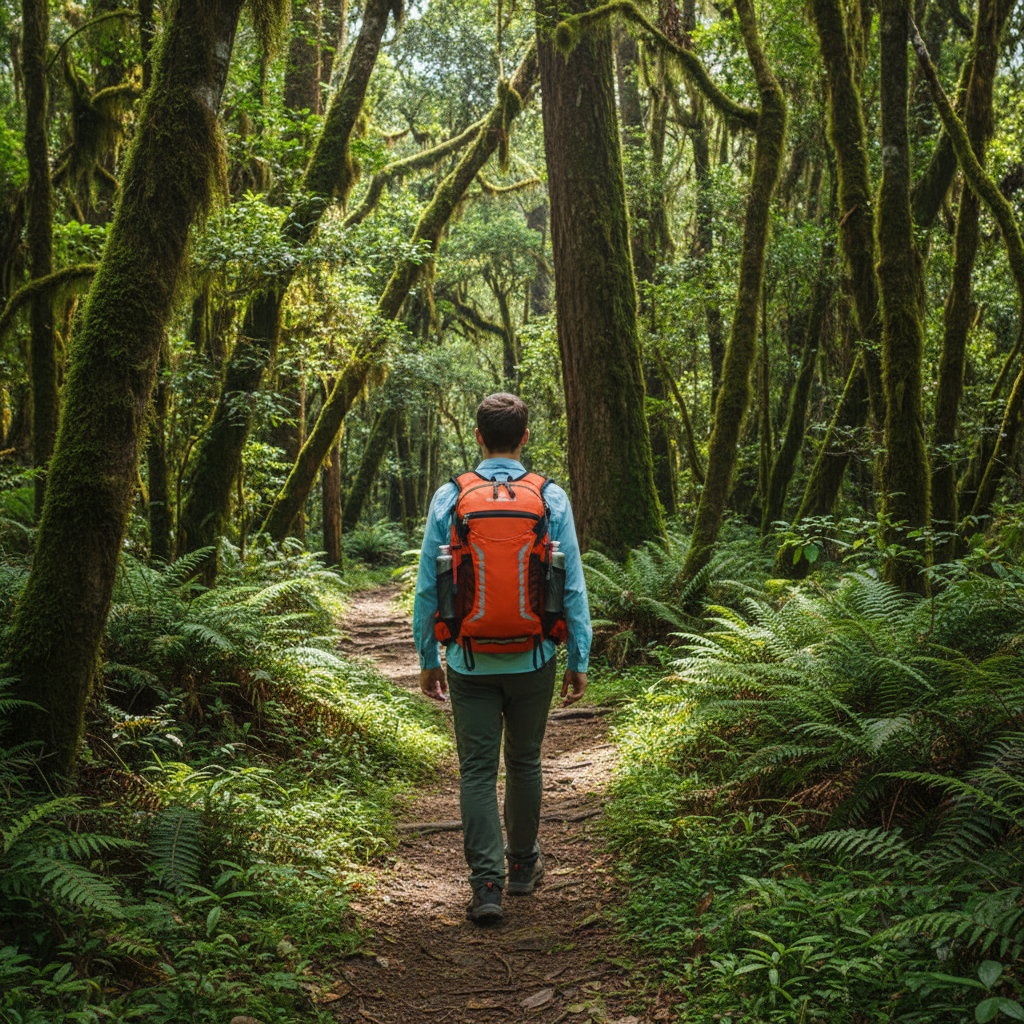 Hiker wearing orange hiking daypack walking through dense green forest trail