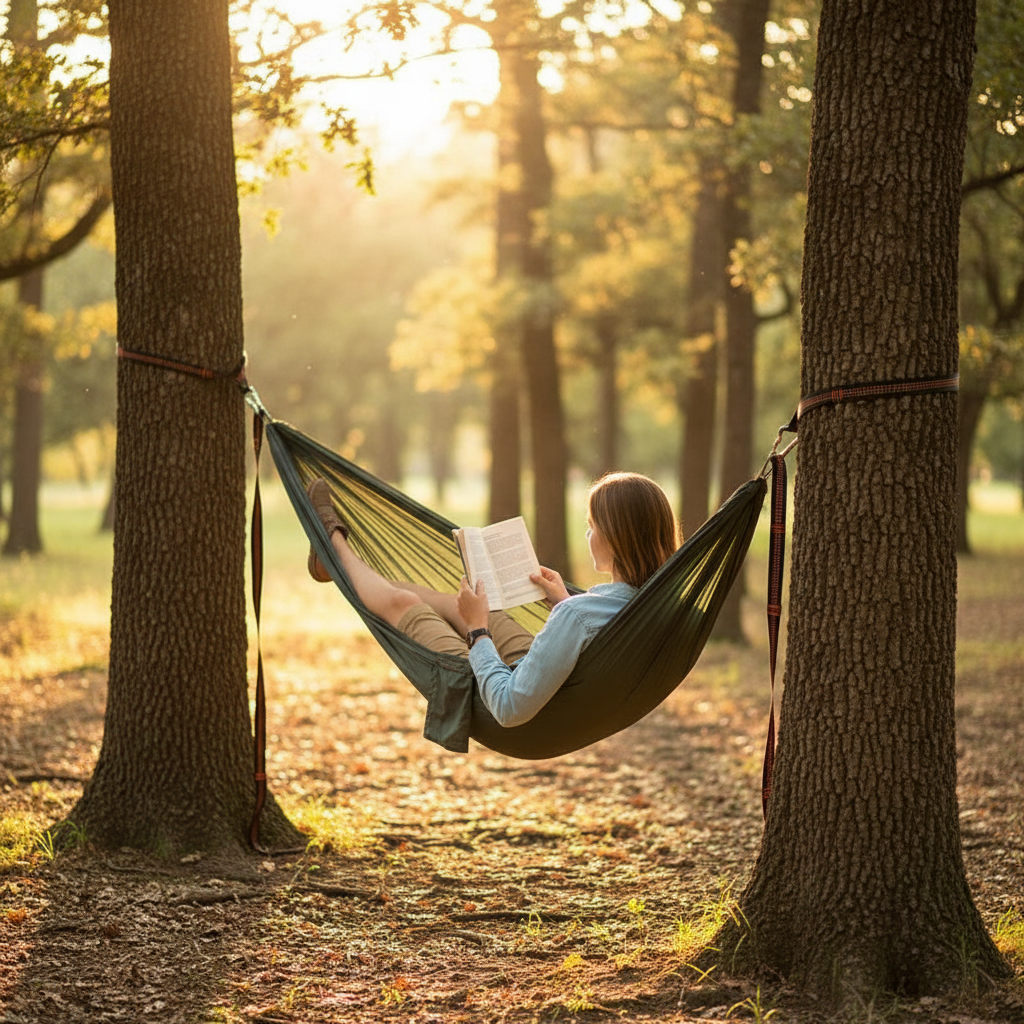 Person relaxing in hammock strung between trees with black orange hammock straps visible
