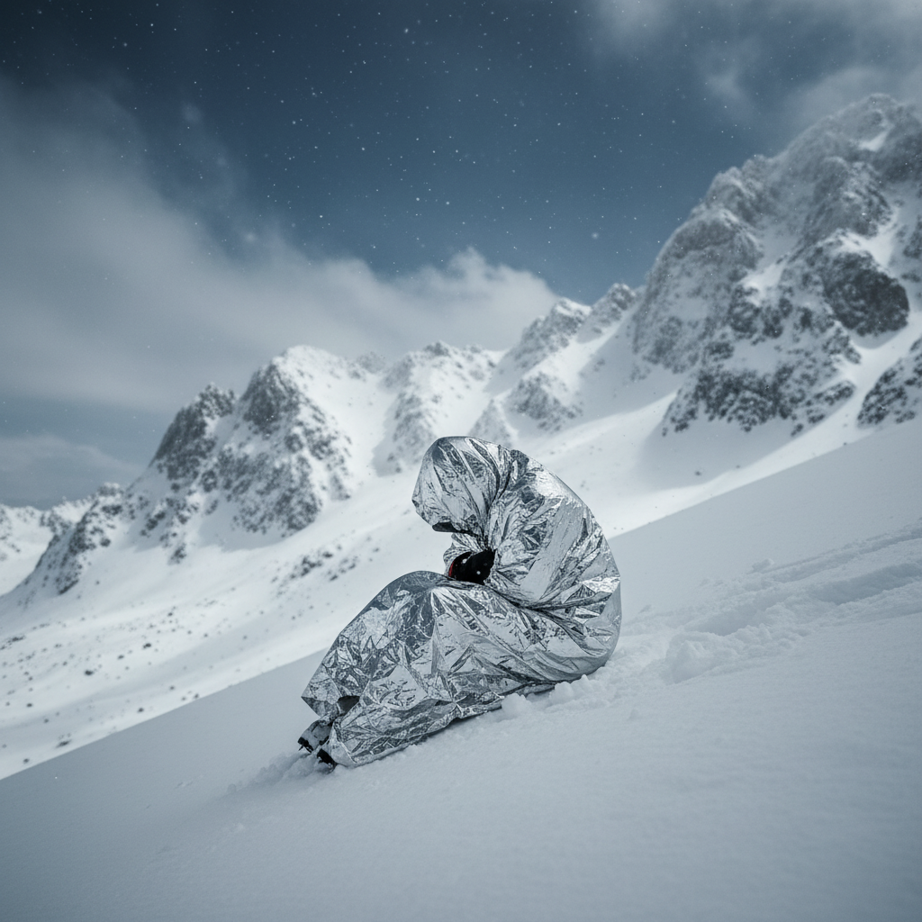 Lone hiker wrapped in silver mylar emergency blanket on snowy mountain