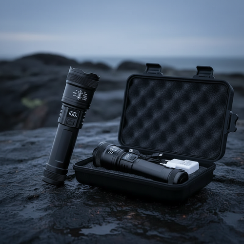 Large matte black tactical LED flashlight with hard case foam insert USB cable and adapter on rocky surface