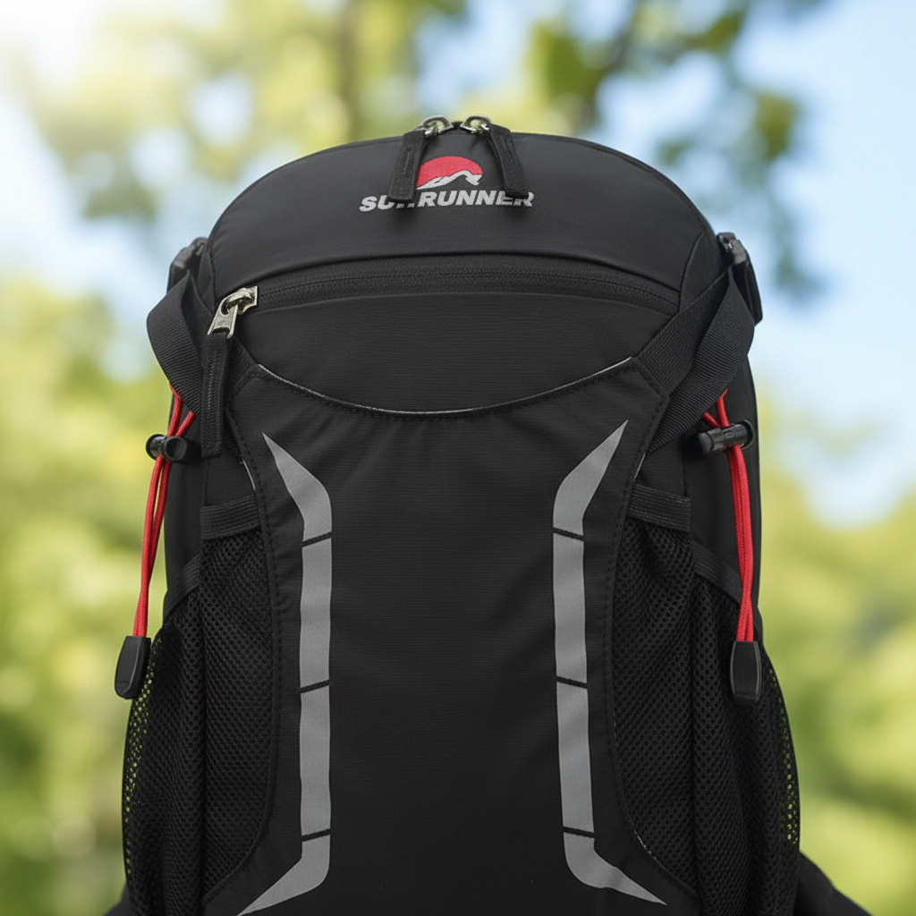 Close-up of black hiking daypack showing front zip pockets and reflective gray side panels
