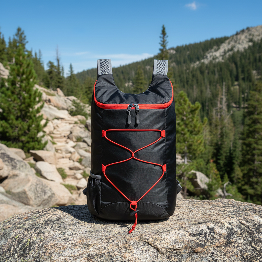 Black and red foldable backpack on boulder on mountain trail