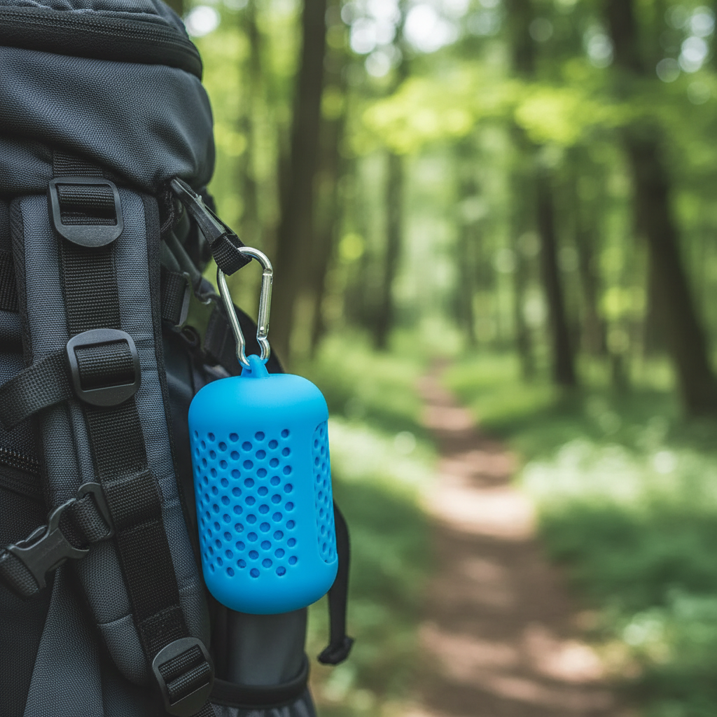 Blue silicone cooling towel case with carabiner clipped to hiking backpack strap