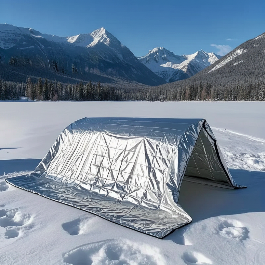 Silver mylar emergency blanket set up as A-frame shelter in snowy mountain landscape