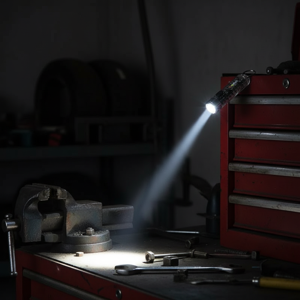Mini keychain flashlight magnetically attached to metal surface in dark garage shining beam