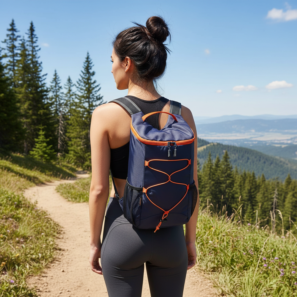 Woman wearing dark navy blue foldable backpack with orange accents on a mountain trail