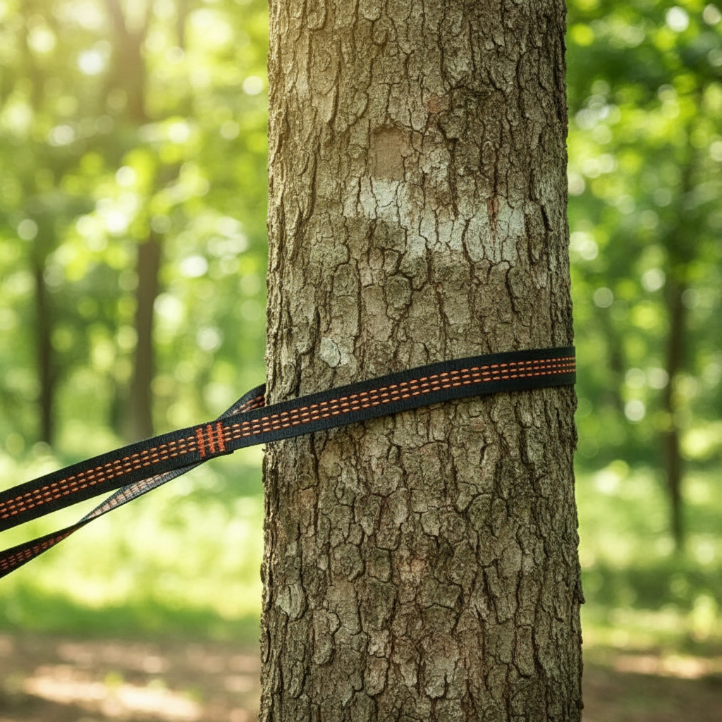 Close-up of black hammock strap with orange stitching and loop rings wrapped around tree trunk