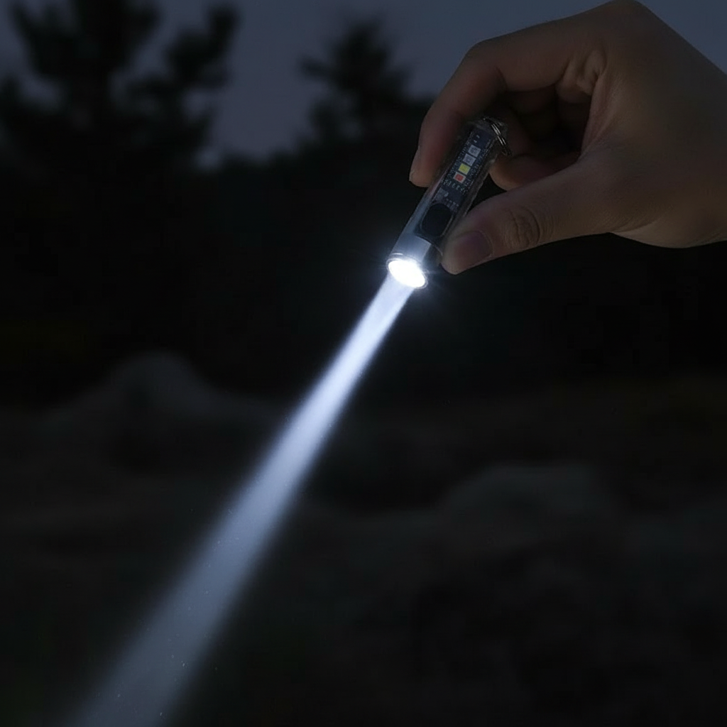 Hand holding mini keychain flashlight shining bright white beam in dark outdoor setting