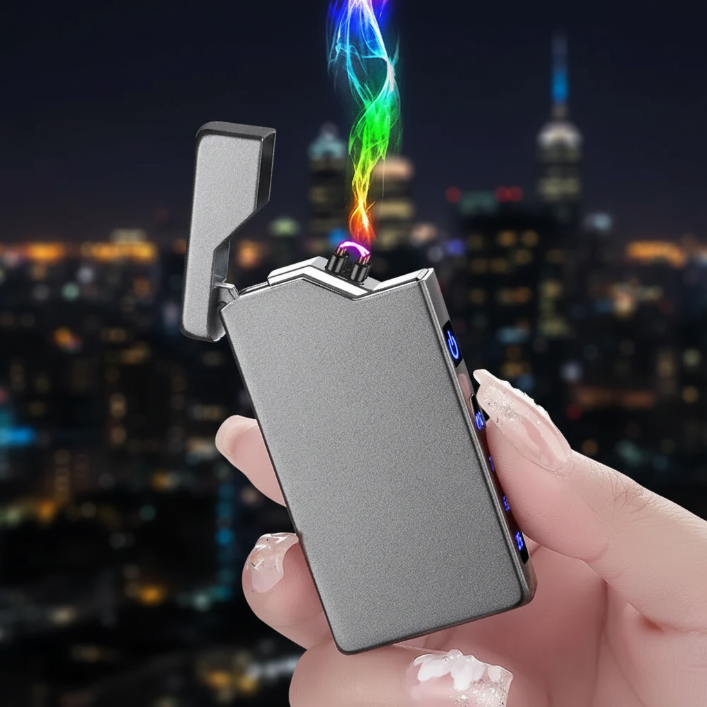 Gunmetal gray dual arc plasma lighter held in hand against moody city background