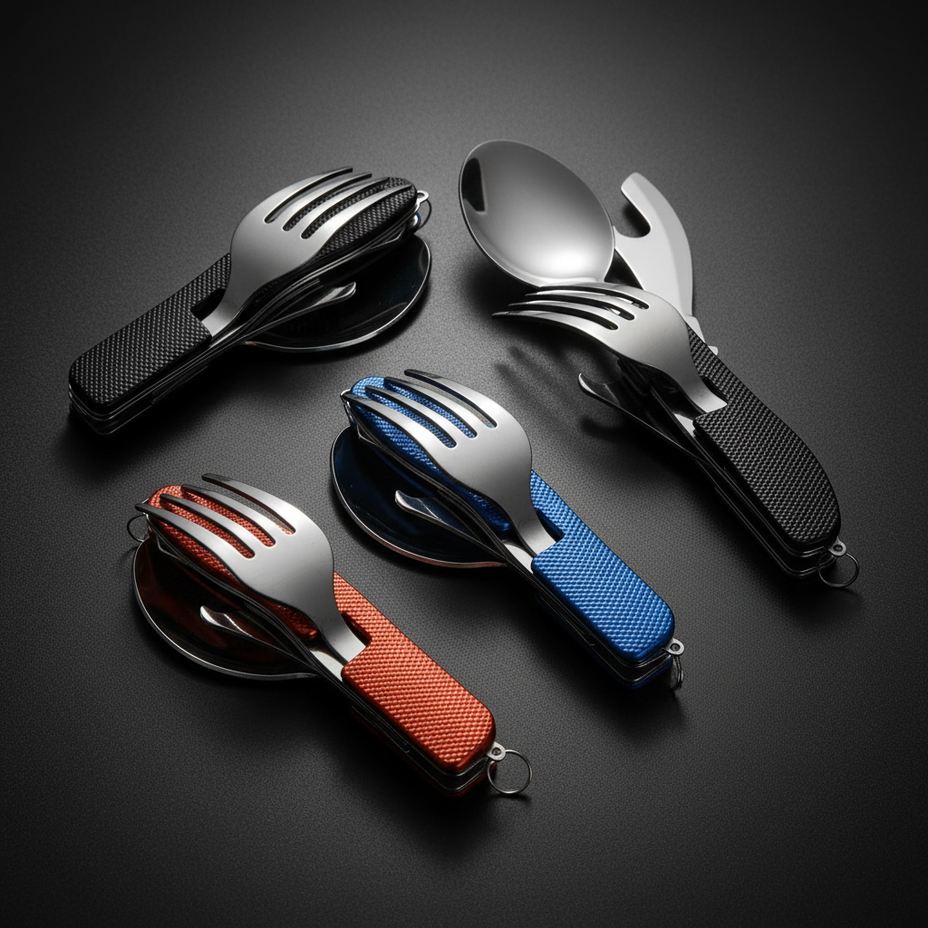 Black, blue, and red orange 4-in-1 foldable camping utensil sets folded closed on dark surface