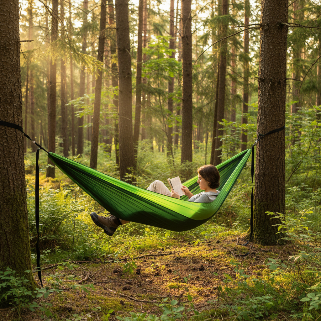 Person relaxing in dark green and lime green double parachute hammock in forest