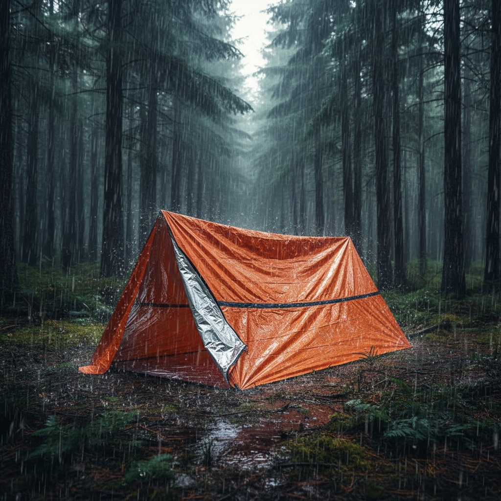 Orange and silver emergency bivvy shelter in rainy forest