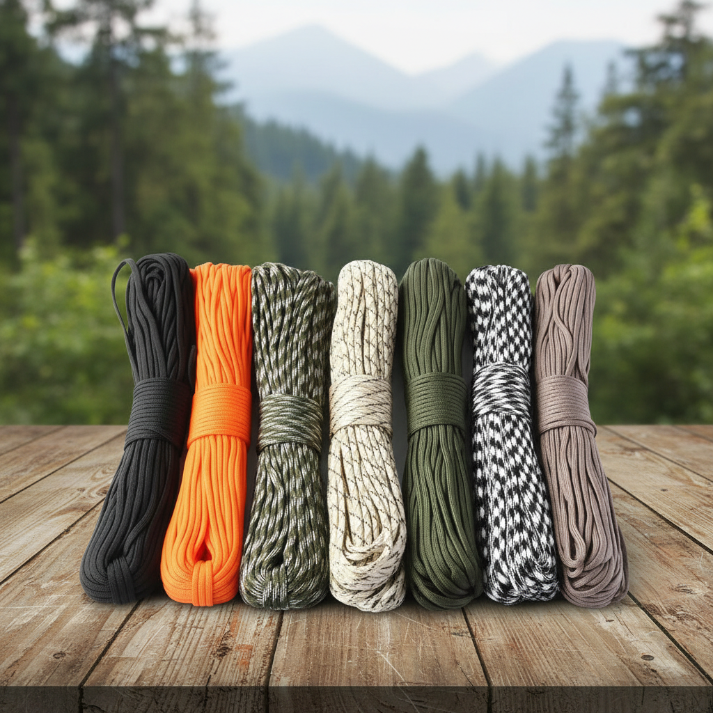 Seven coiled bundles of 550 paracord rope in multiple colors on outdoor wooden surface