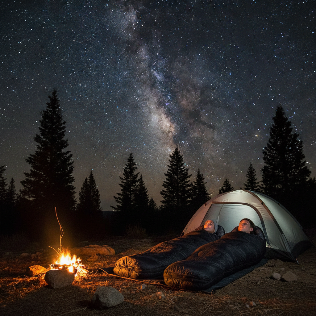 Two people lying in black camping sleeping bags stargazing under a clear night sky