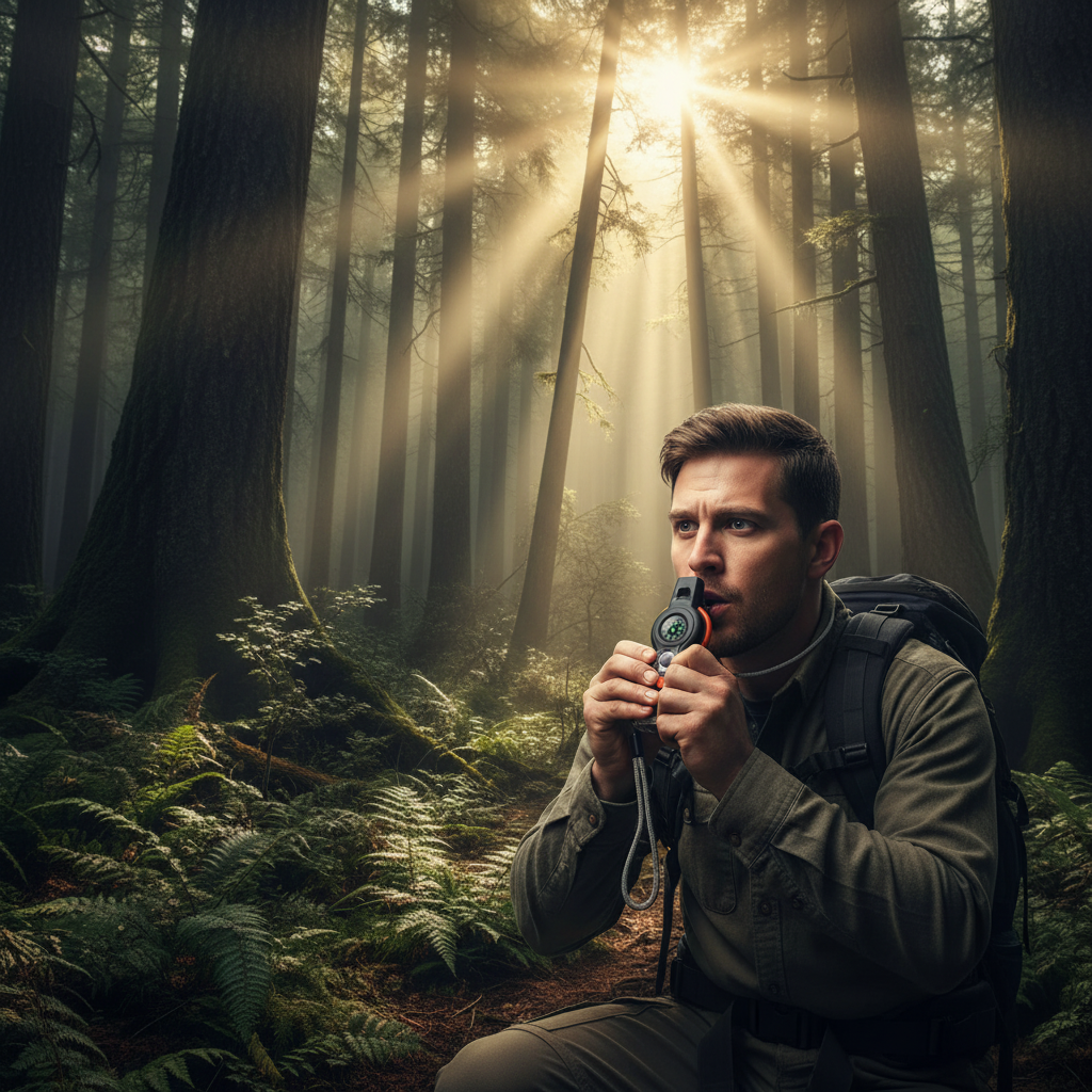 Person blowing 7-in-1 emergency survival whistle multi-tool in dense forest